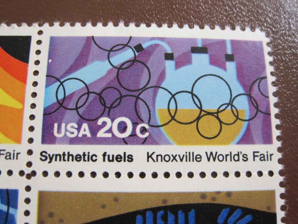 Block of 4 1982 20 cent Knoxville World's Fair US postage stamps, Scott # 2006-09