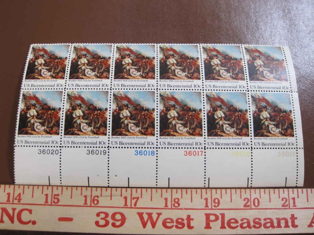 Block of 12 1975 10 cent Bunker Hill Battle US postage stamps, Scott # 1564