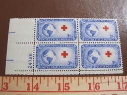 Block of 4 1952 3 cent International Red Cross US postage stamps, Scott # 1016