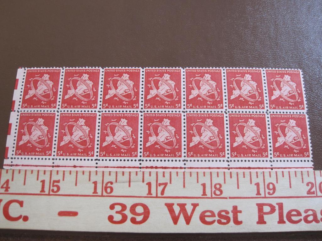 Block of 14 1948 5 cent New York City Jubilee US postage stamps, Scott # C38