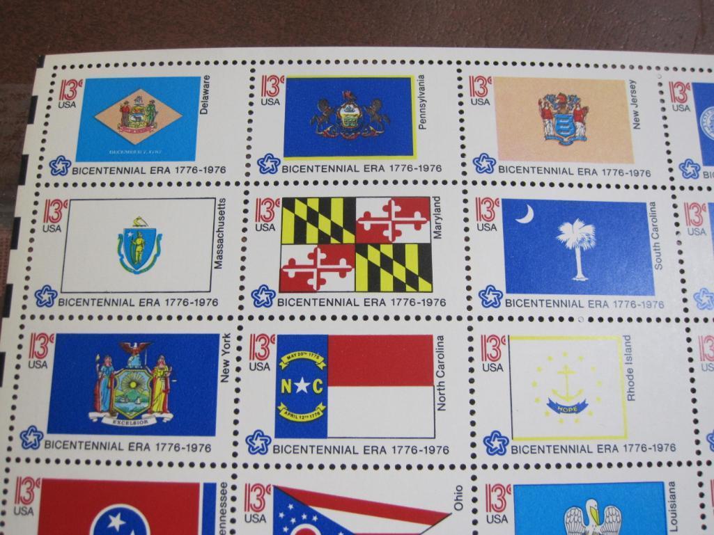 Full sheet of 50 1976 13 cent Bicentennial State Flags US postage stamps, Scott # 1633-82