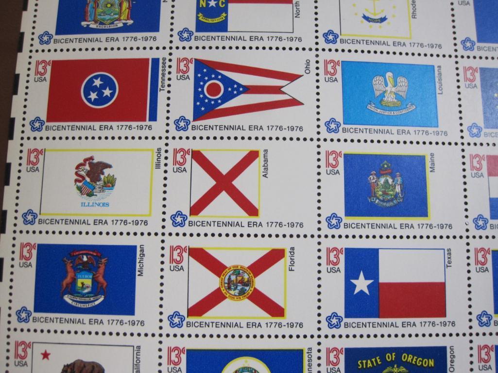 Full sheet of 50 1976 13 cent Bicentennial State Flags US postage stamps, Scott # 1633-82