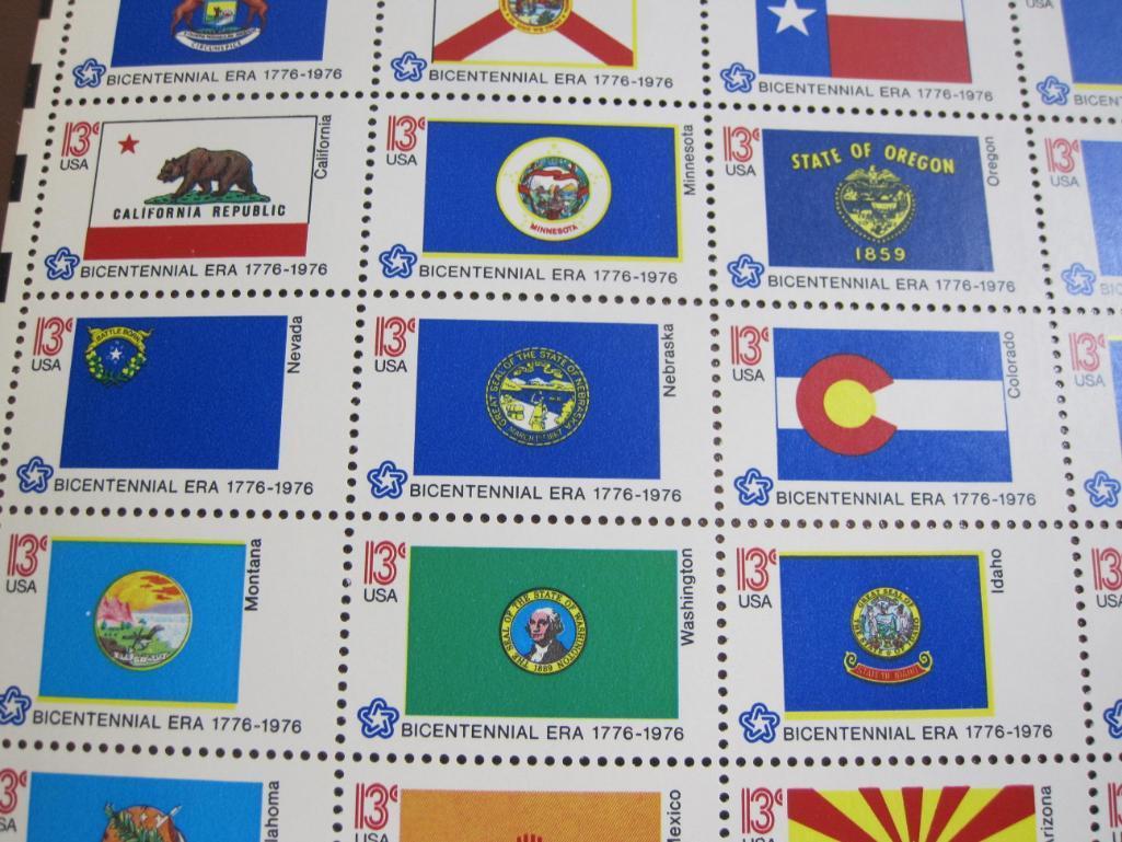 Full sheet of 50 1976 13 cent Bicentennial State Flags US postage stamps, Scott # 1633-82