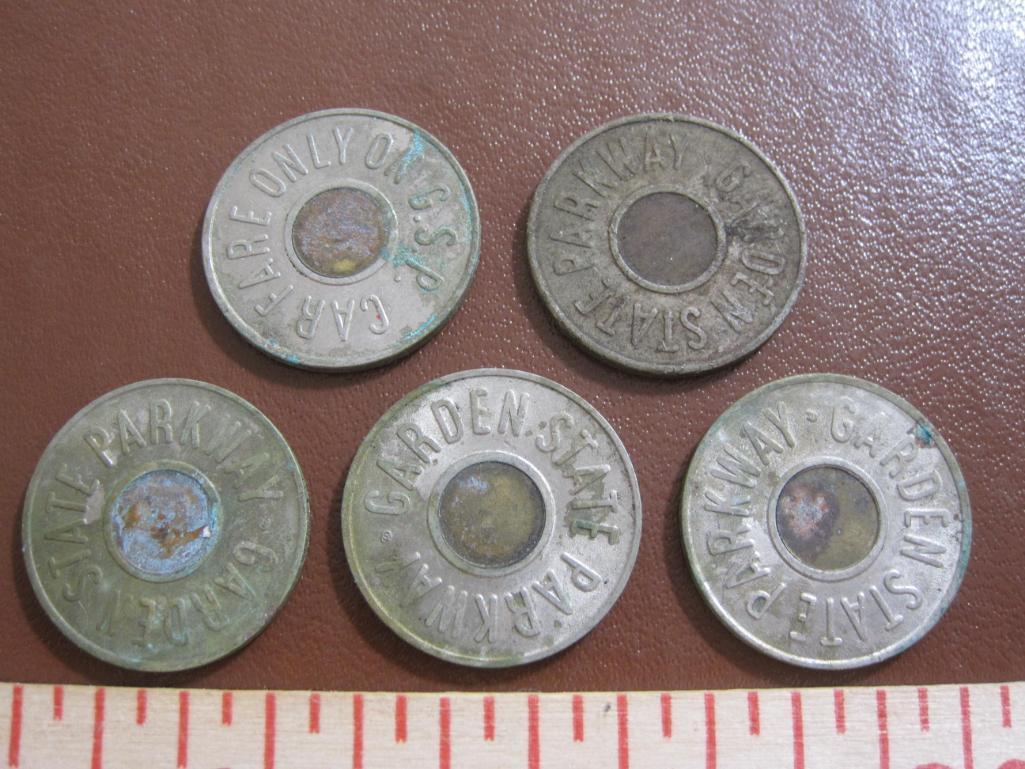 Lot of five Garden State Parkway car fare tokens, see pictures for condition