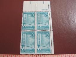 Block of 4 1958 3 cent Mackinac Bridge US postage stamps, Scott # 1109