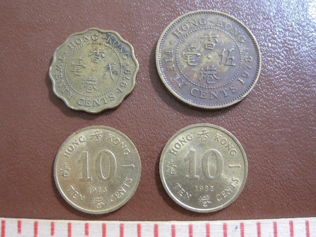 Lot of FOUR Hong Kong coins: two 10 cents (1982 & 83), one Twenty cents (1979) and one Fifty cents