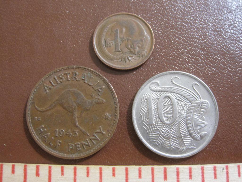 Lot of three Australian coins: one 1966 1 cent Glider, one 1943 Kangaroo half penny and one 1982 10