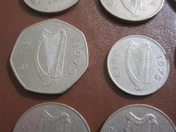 Lot of 12 Irish coins: 5 50P (from 1974, 1976, 1979 and 1983); 6 10 P (from 1974, 1978 and 1980 and