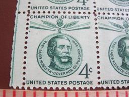 Block of 4 1958 4 cent Lajos Kossuth US postage stamps, Scott # 1117