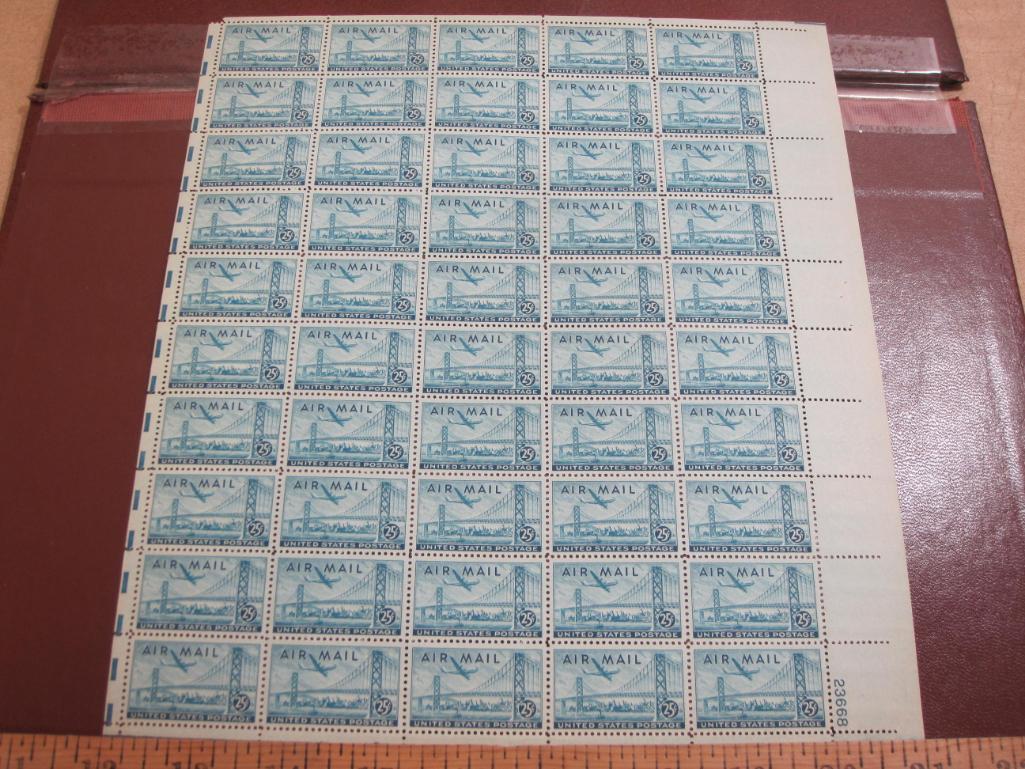 Full sheet of 50 1946 25 cent Plane Over Bridge US postage stamps, Scott # C36