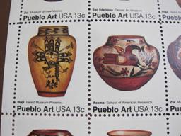 Full sheet of 40 1977 13 cent Pueblo Pottery US postage stamps, Scott # 1706-09