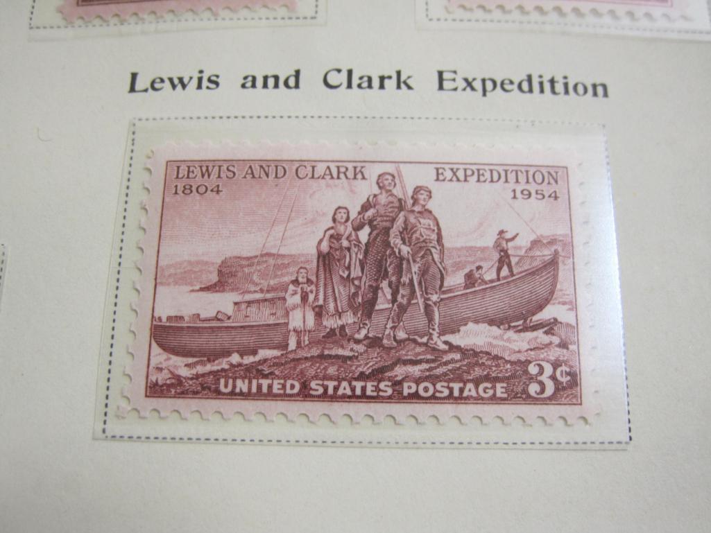 Completed official 1954-1955 Scott album page including Columbia University (#1029), Lewis and Clark