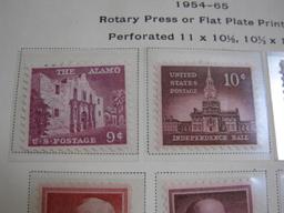 Completed official 1954-65 Scott album page including The Alamo (#1043), Alexander Hamilton (1053)