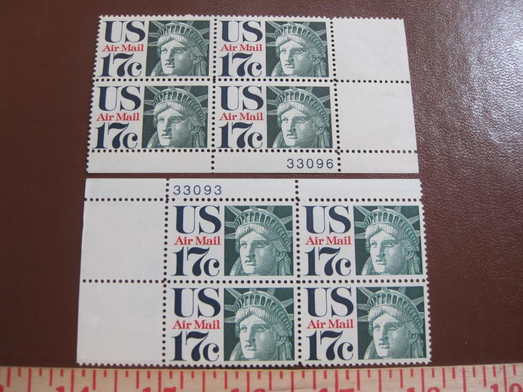 Two blocks of 4 (total 8) 1971 Statue of Liberty Head 17 cent US Air Mail stamps, Scott #C80