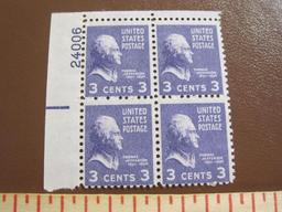 One block of 4 1938 3 cent purple Jefferson US postage stamps, Scott # 807