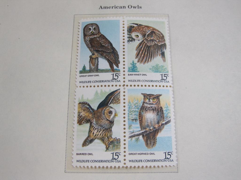 Completed official Scott album page including 1978 American owls, American Trees and Christmas; all