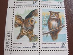 Block of 4 1978 15 cent American Owls US postage stamps, Scott # 355