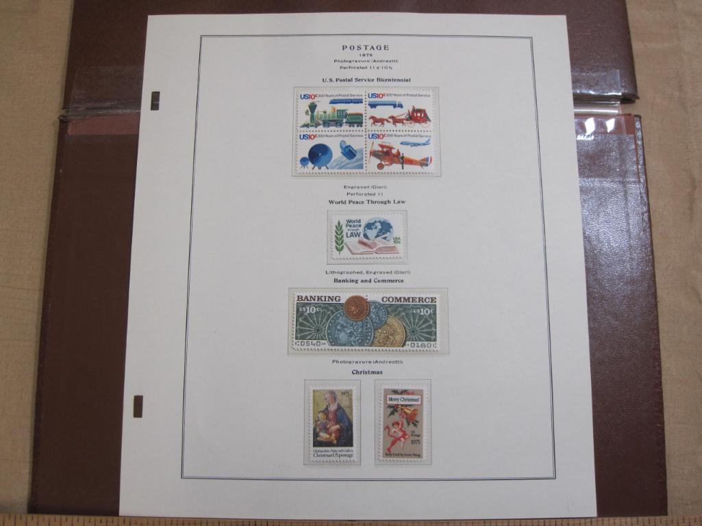 Completed official Scott album page including 1975 U.S. Postal Service Bicentennial, World Peace