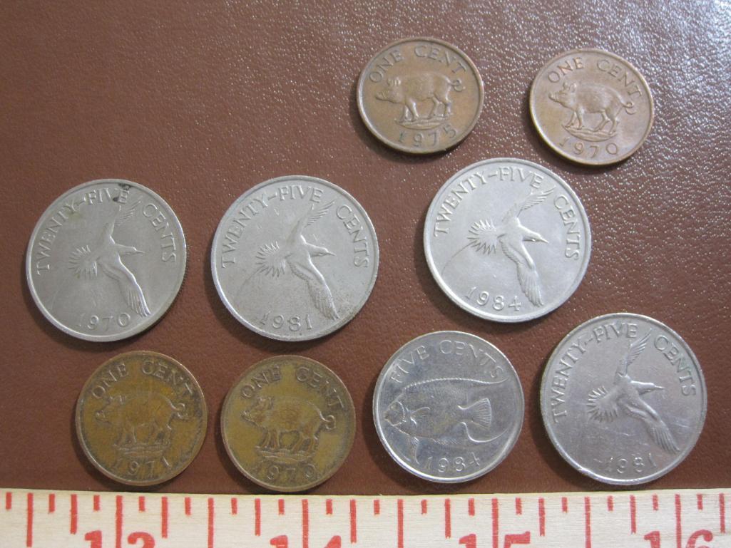 Lot of 9 Bermuda coins: 4 25 cent coins (1970, 81 and 84), 1 1984 5 cent coin and 4 1 cent coins