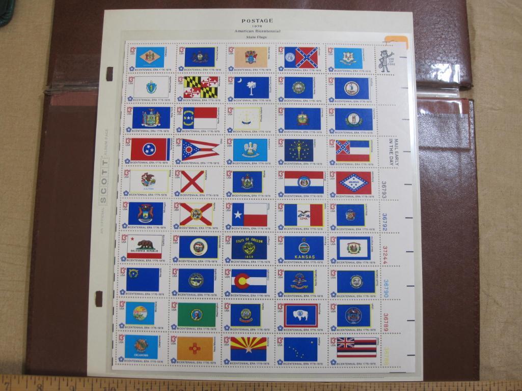 Full sheet of 50 1976 13 cent Bicentennial State Flags US postage stamps, Scott # 1633-82; mounted