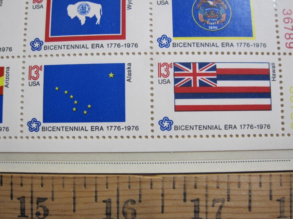 Full sheet of 50 1976 13 cent Bicentennial State Flags US postage stamps, Scott # 1633-82; mounted