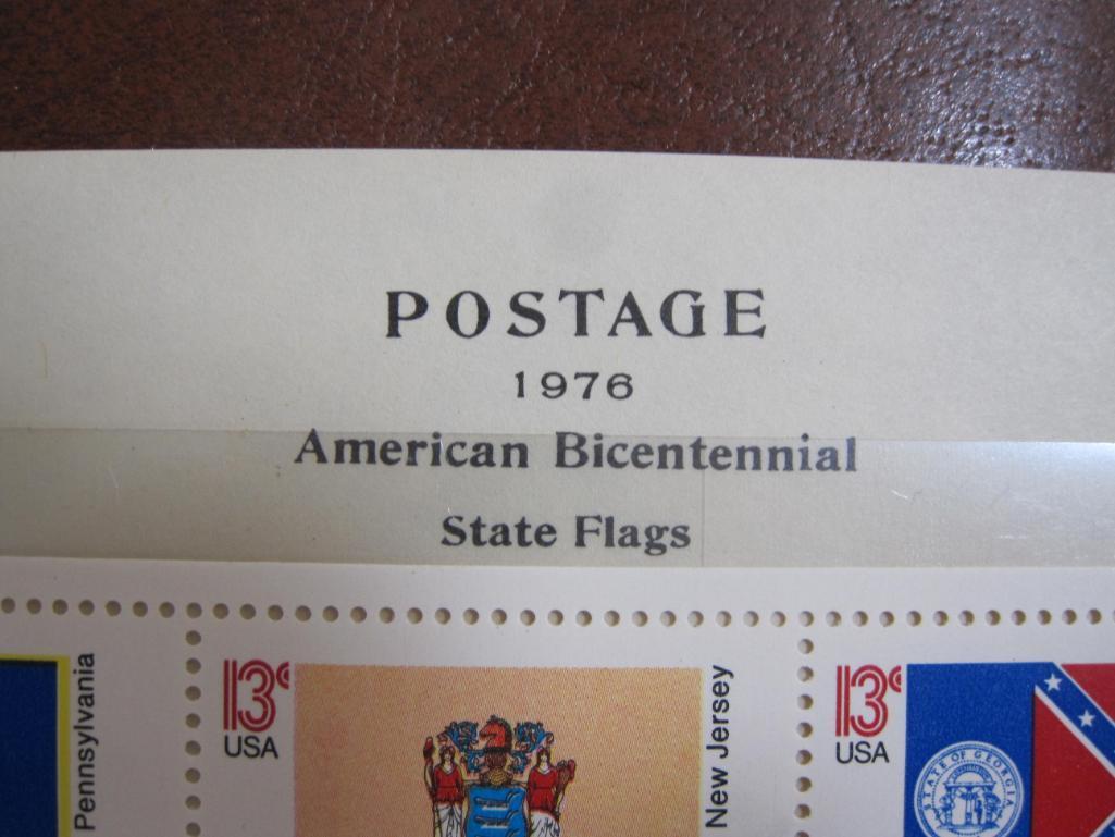 Full sheet of 50 1976 13 cent Bicentennial State Flags US postage stamps, Scott # 1633-82; mounted