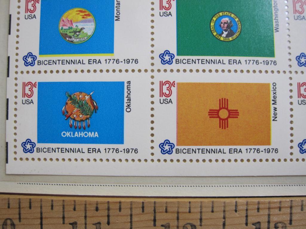 Full sheet of 50 1976 13 cent Bicentennial State Flags US postage stamps, Scott # 1633-82; mounted