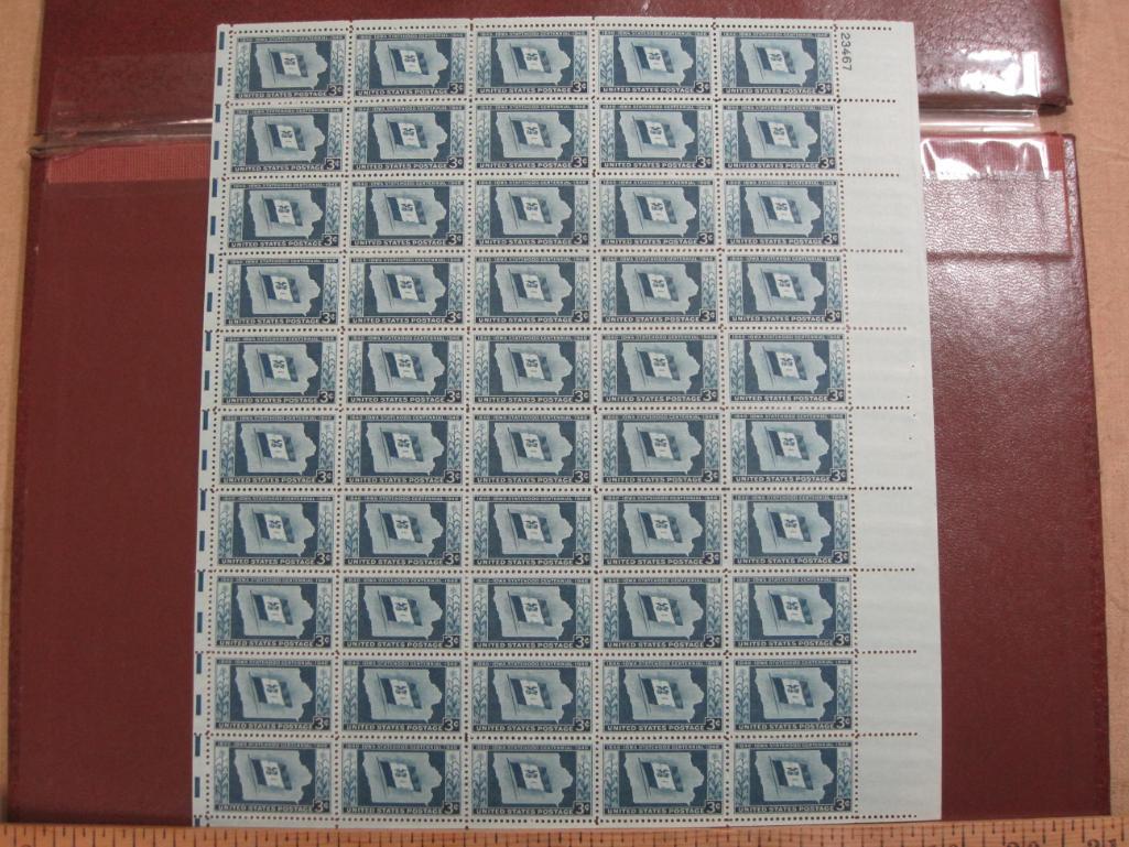 Full sheet of 50 1946 3 cent Iowa Centennial US postage stamps, Scott # 942