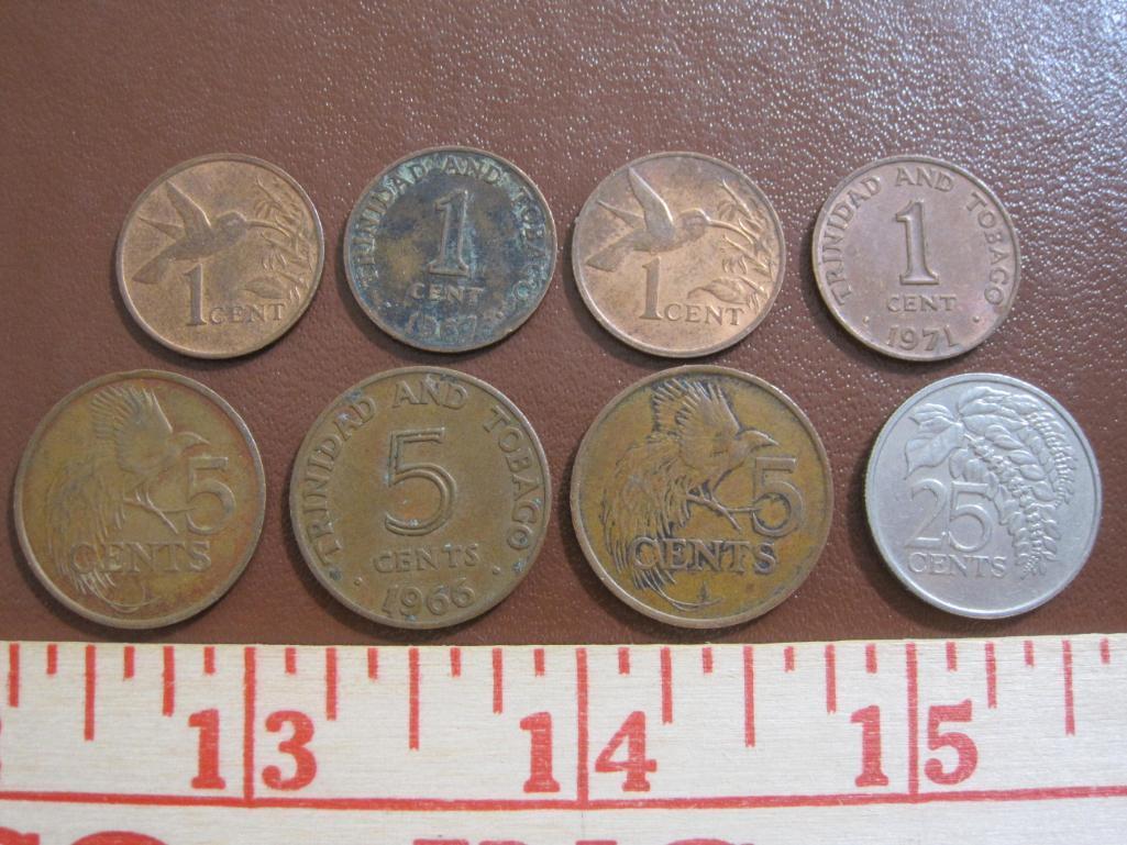 Lot of 8 coins from Trinidad and Tobago: 1 25 cent piece (1980), 3 5 cent pieces (1966 and 1983) and