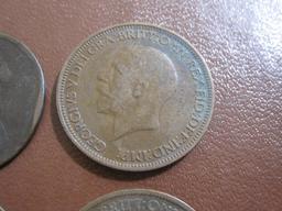 Lot of 4 Great Britain coins, including one 1887 Queen Victoria "bun head" half penny coin and three