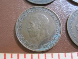 Lot of 4 Great Britain coins, including one 1887 Queen Victoria "bun head" half penny coin and three