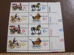 Block of 8 1970 6 cent Christmas Toys US postage stamps, Scott # 1415-18