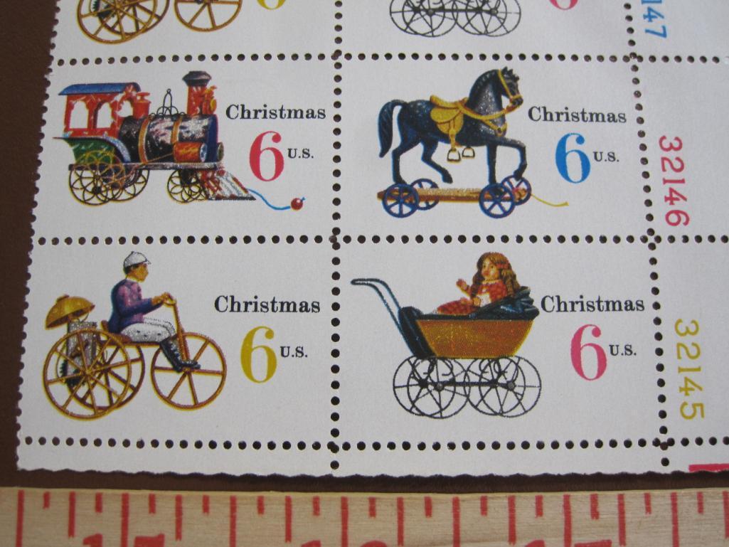 Block of 8 1970 6 cent Christmas Toys US postage stamps, Scott # 1415-18