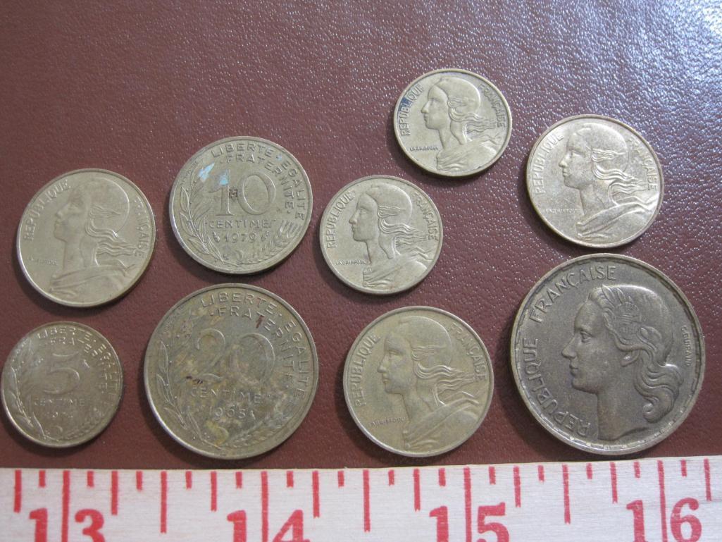 Lot of 9 French coins: 1 1951 50 francs; 1 1965 20 centimes; 4 10 centimes (1963, 74,79 and 83) and