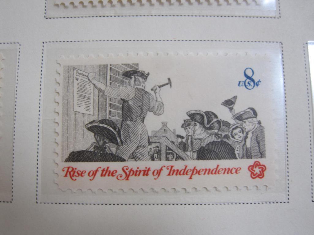 Completed official Scott album page including 1973 American Revolution Bicentennial, Boston Tea