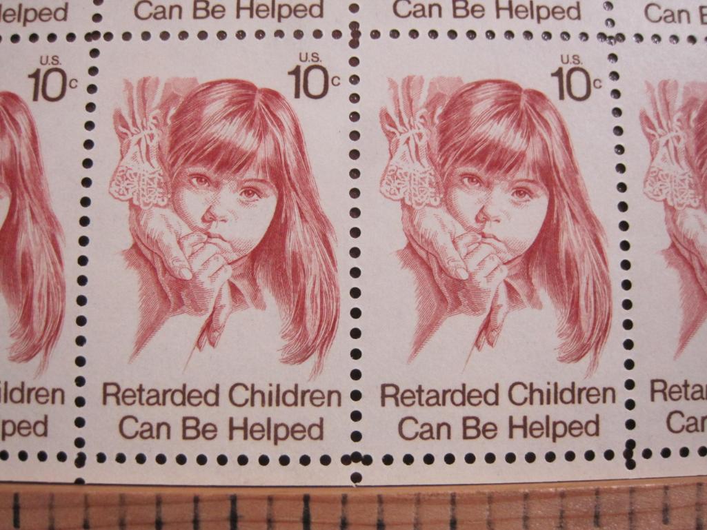 Full sheet of 50 1974 10 cent Retarded Children US postage stamps, Scott # 1549