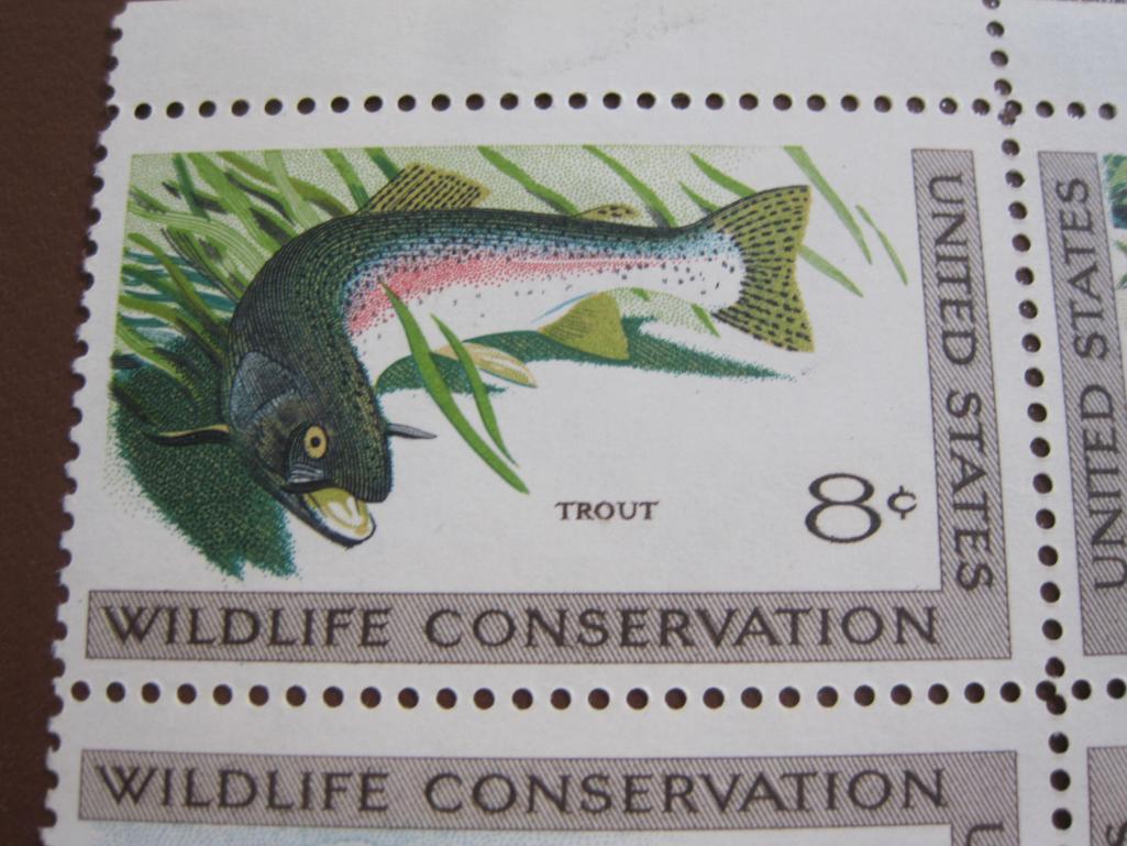 One block of 4 1971 8 cent Wildlife Conservation US postage stamps, Scott # 1427-30