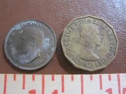 Two UK coins: 1940 farthing and 1965 three pence
