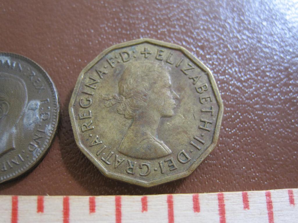 Two UK coins: 1940 farthing and 1965 three pence