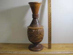 Solid Wooden Turned Vase with carvings, approx 22" tall