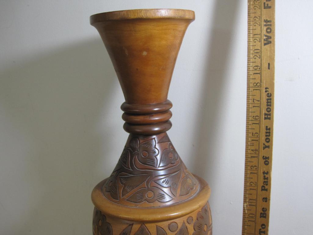 Solid Wooden Turned Vase with carvings, approx 22" tall