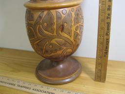 Solid Wooden Turned Vase with carvings, approx 22" tall