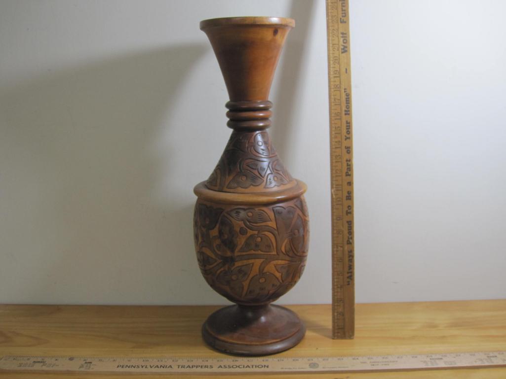 Solid Wooden Turned Vase with carvings, approx 22" tall