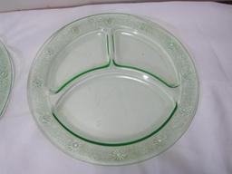 4 uranium green depression glass plates, 10 " in diameter
