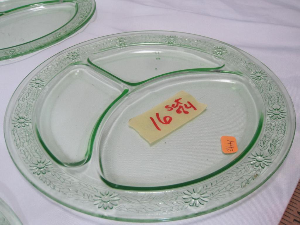 4 uranium green depression glass plates, 10 " in diameter