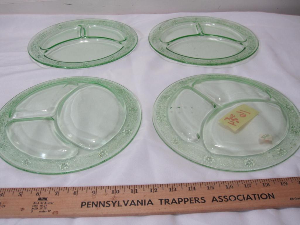 4 uranium green depression glass plates, 10 " in diameter