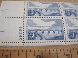 Block of 4 1977 Peace Bridge 13 cent US postage stamps, #1721