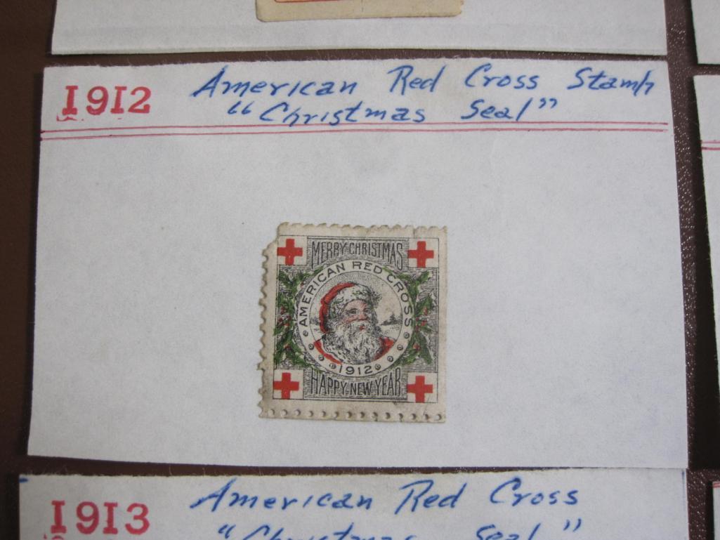 Eight early 1900s (1900-1930) Christmas Seals hinged to display cards