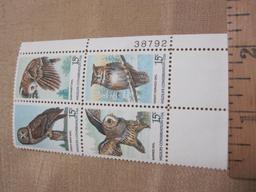 Block of 4 1978 Wildlife Conservation Owls 15 cent US postage stamps, #s 1760-1763