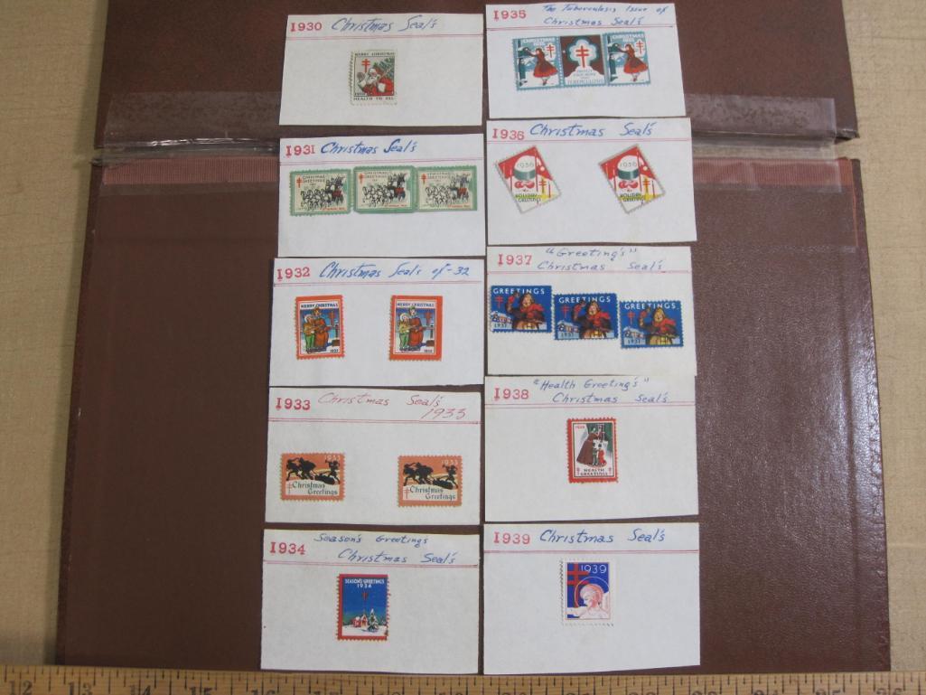 Lot of 10 1930s era US christmas seals hinged to display cards